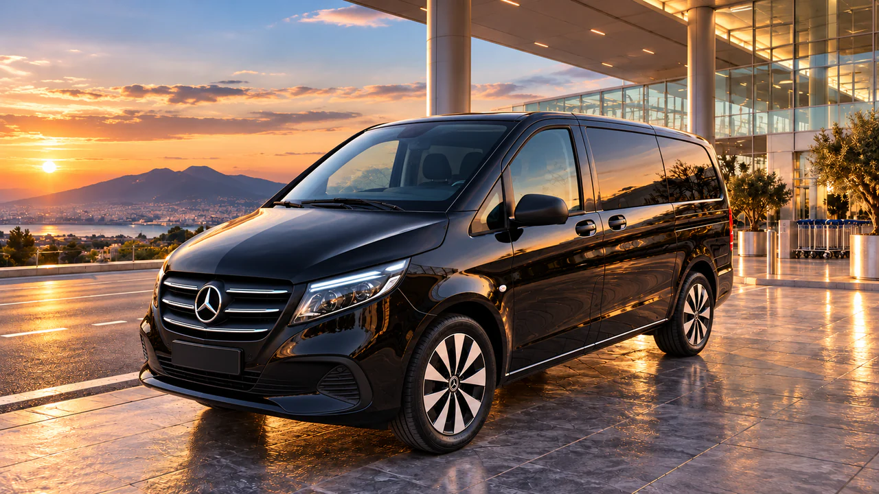 Un Mercedes Vito negro delante de las llegadas de un aeropuerto, al atardecer