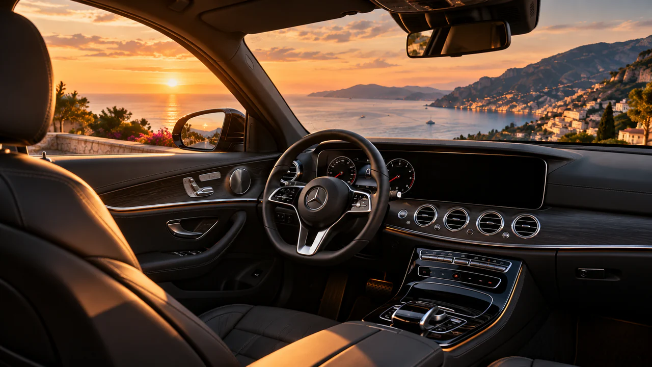 Der Fahrerplatz einer Mercedes E‑Klasse, mit dem Meer hinter der Windschutzscheibe