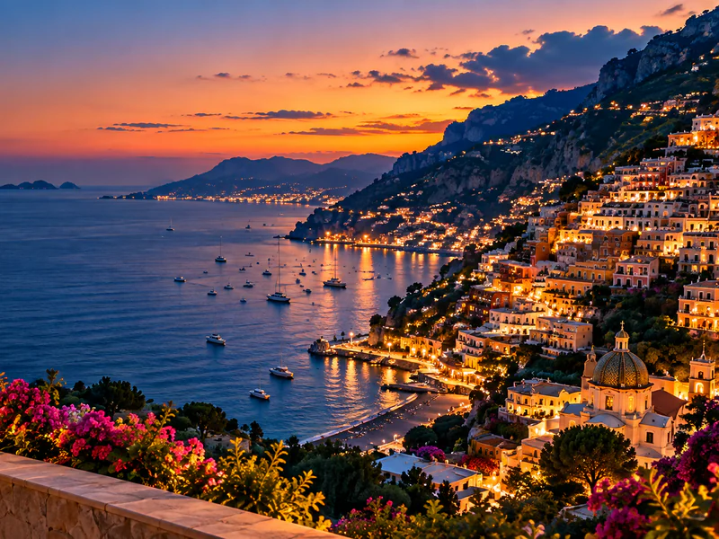 Positano am Meer, bei Sonnenuntergang
