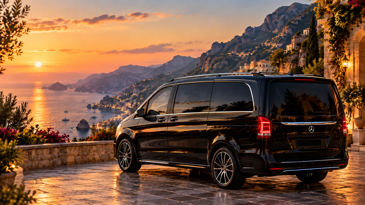 Die schwarze Mercedes V‑Klasse von hinten, an der Küste, mit tief stehender Sonne über dem Meer