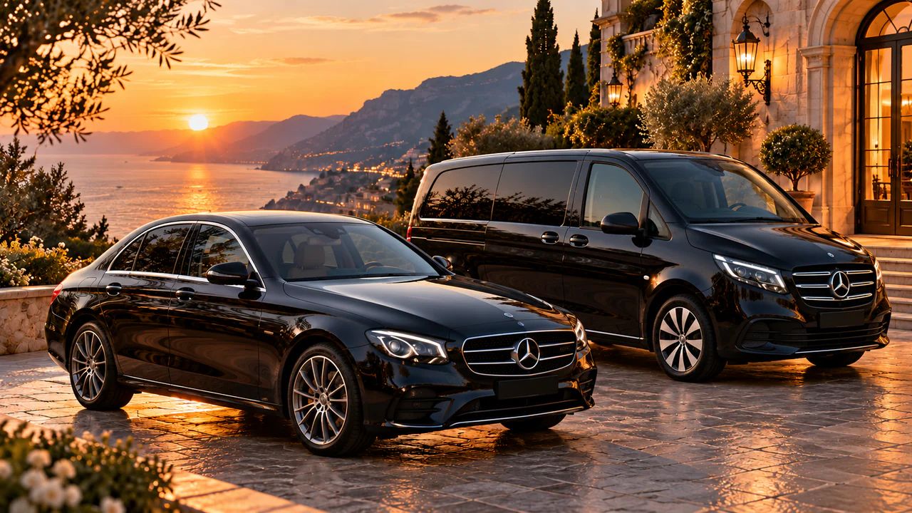 Eine Mercedes E‑Klasse und ein Mercedes Vito Extralong, beide schwarz, vor einer Villa an der Küste, bei Sonnenuntergang