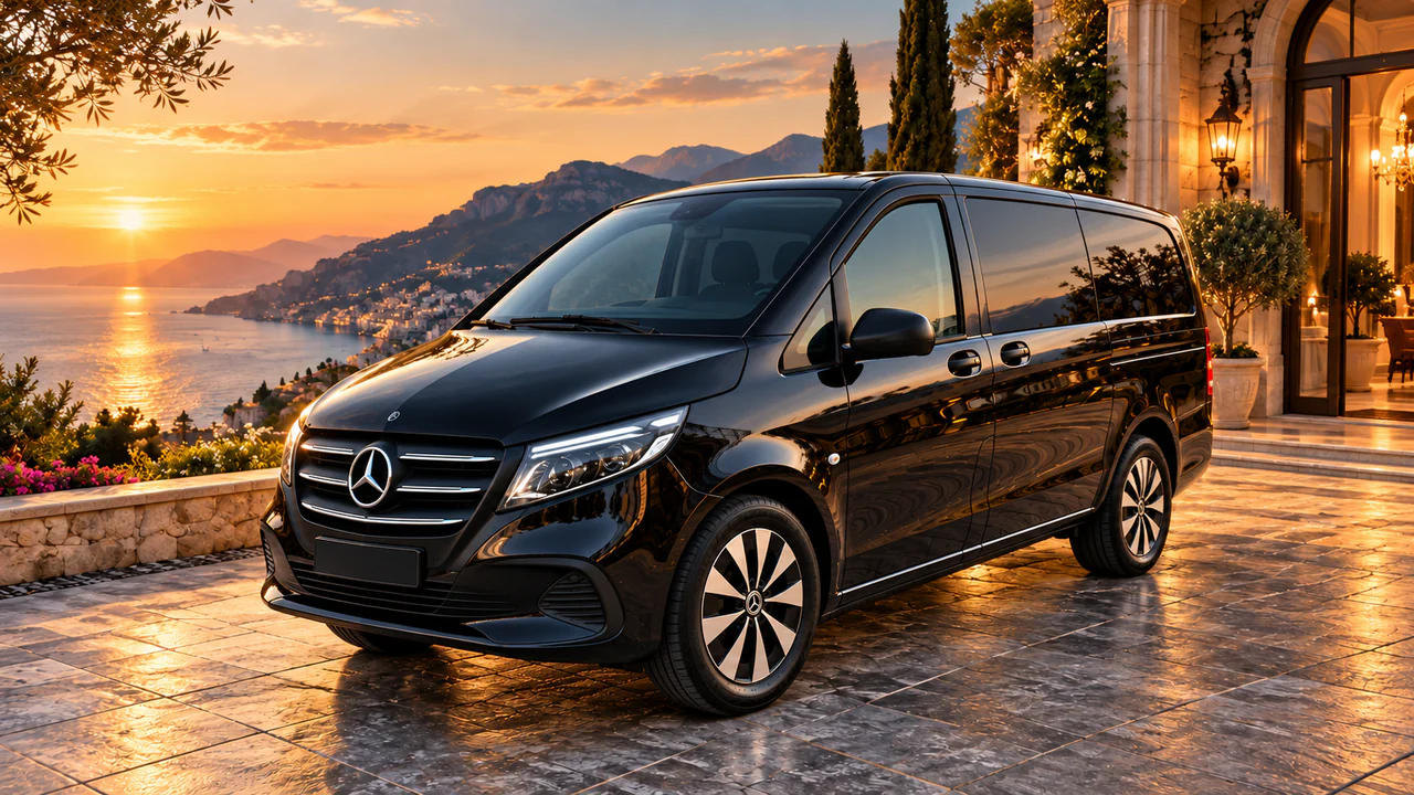 Ein schwarzer Mercedes Vito auf einer Terrasse an der Küste, bei Sonnenuntergang