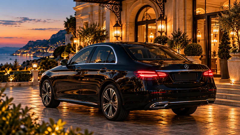 Die schwarze Mercedes E‑Klasse von hinten, vor einem Hotel am Abend