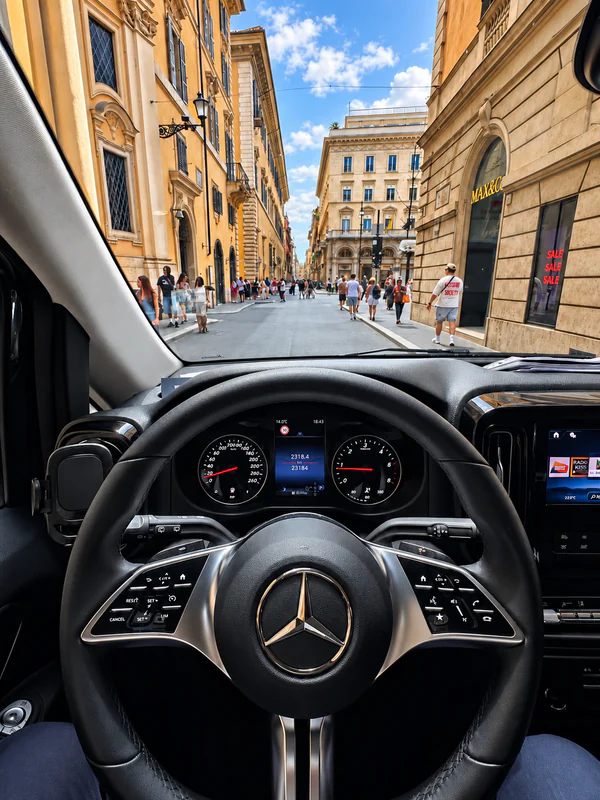 Der Fahrerplatz des Mercedes Vito Extralong 2026, mit einer Straße im Zentrum von Rom hinter der Windschutzscheibe