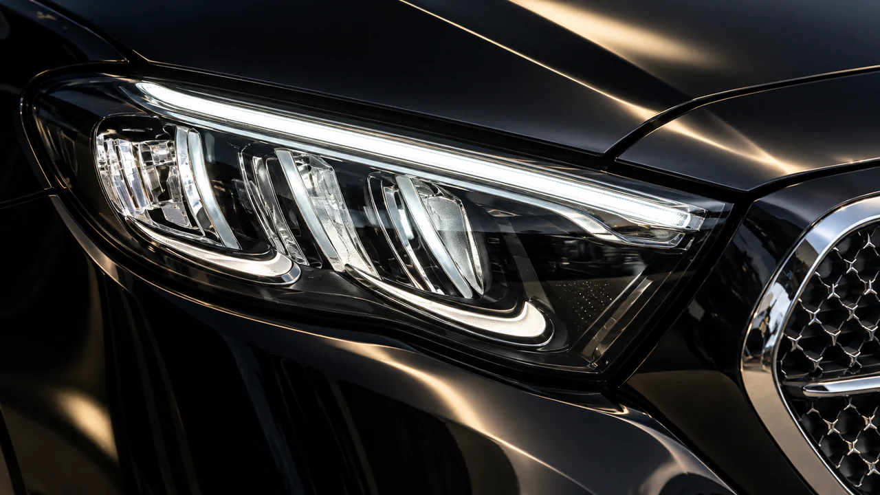 Der leuchtende Frontscheinwerfer einer schwarzen Mercedes E‑Klasse