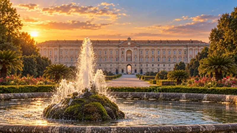 La Reggia di Caserta al tramonto, con la fontana del parco