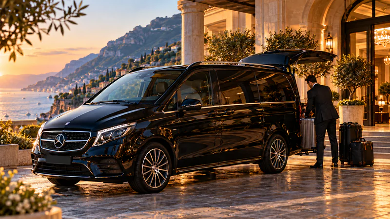 Ein Fahrer im dunklen Anzug lädt Koffer in den Kofferraum einer schwarzen Mercedes V‑Klasse, vor einem Hotel an der Küste