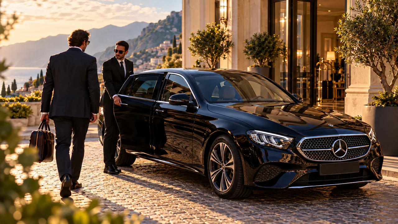 Ein Fahrer begleitet einen Geschäftsmann zur schwarzen Mercedes E‑Klasse, vor einem Hotel an der Küste