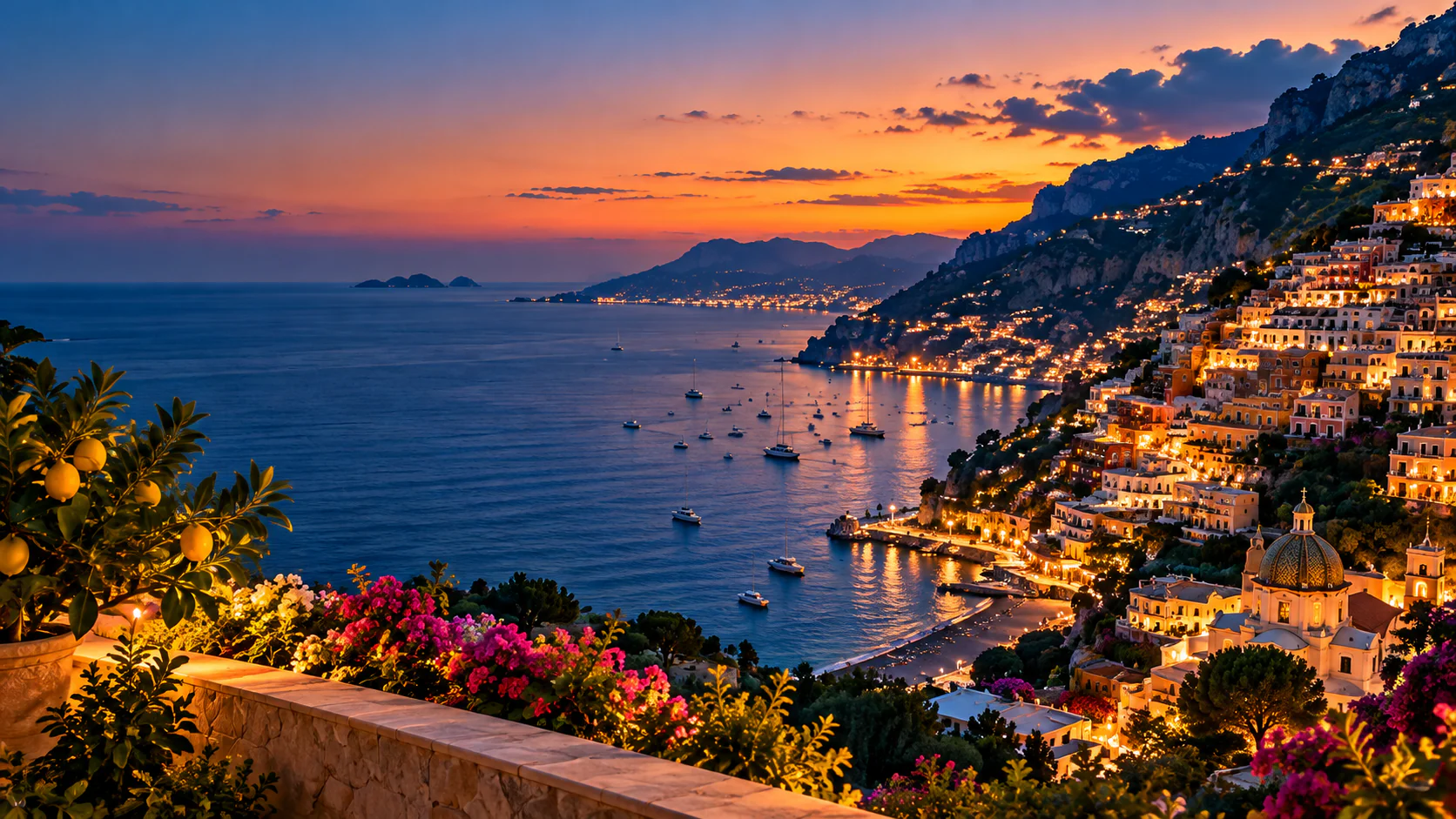 La costiera al tramonto, con le luci dei paesi sul mare