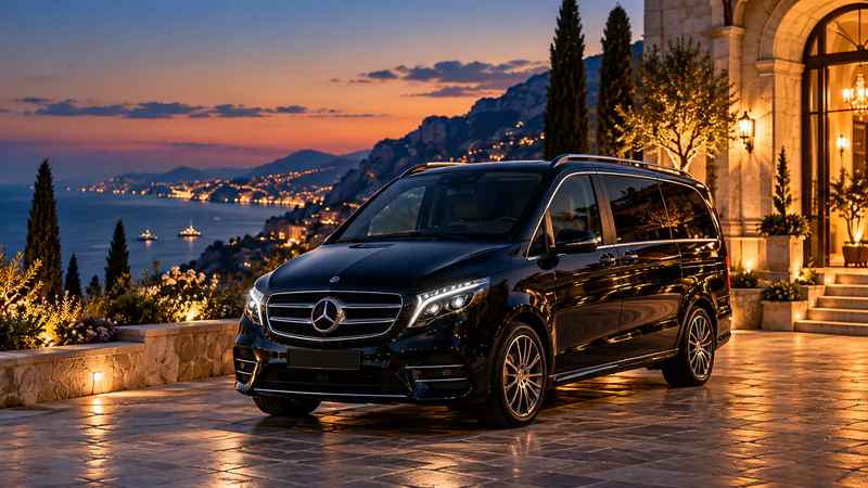 Die schwarze Mercedes V‑Klasse vor einer Villa an der Küste, am Abend