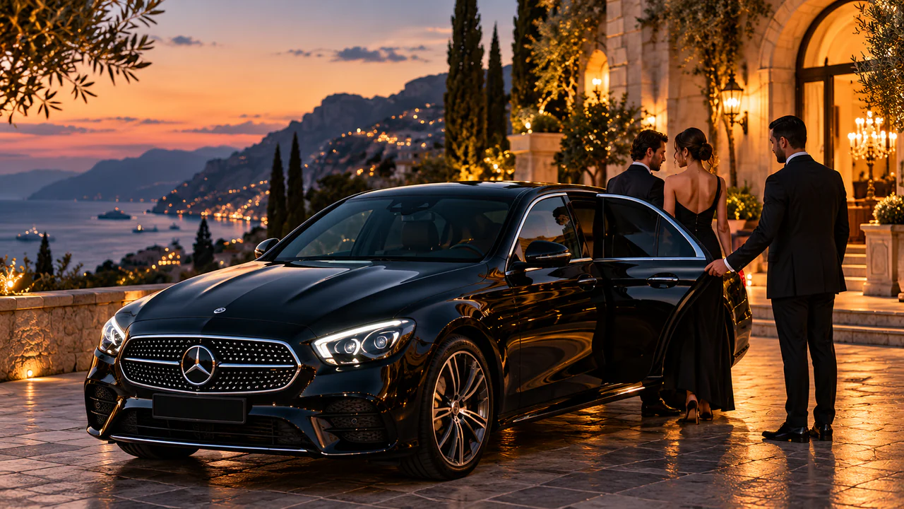 Eine schwarze Mercedes E‑Klasse vor einem Hotel an der Küste, mit zwei Gästen in Abendgarderobe