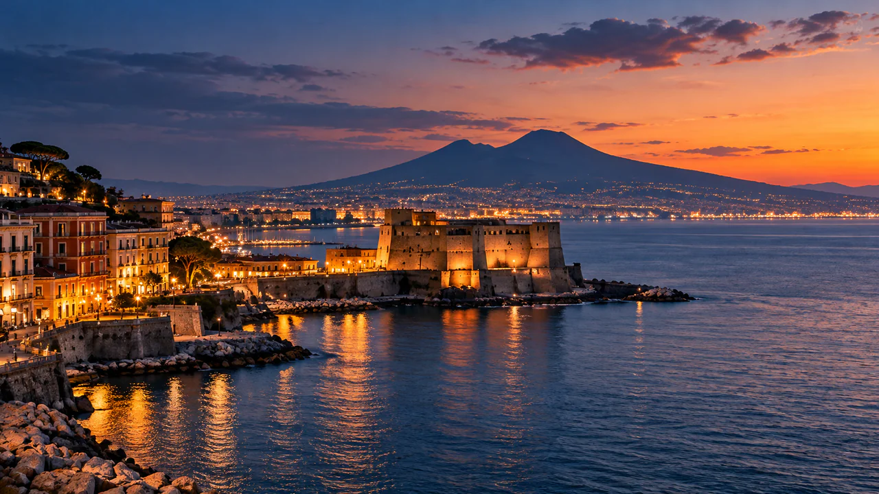 Der Golf von Neapel bei Sonnenuntergang, mit dem Vesuv und dem Castel dell’Ovo