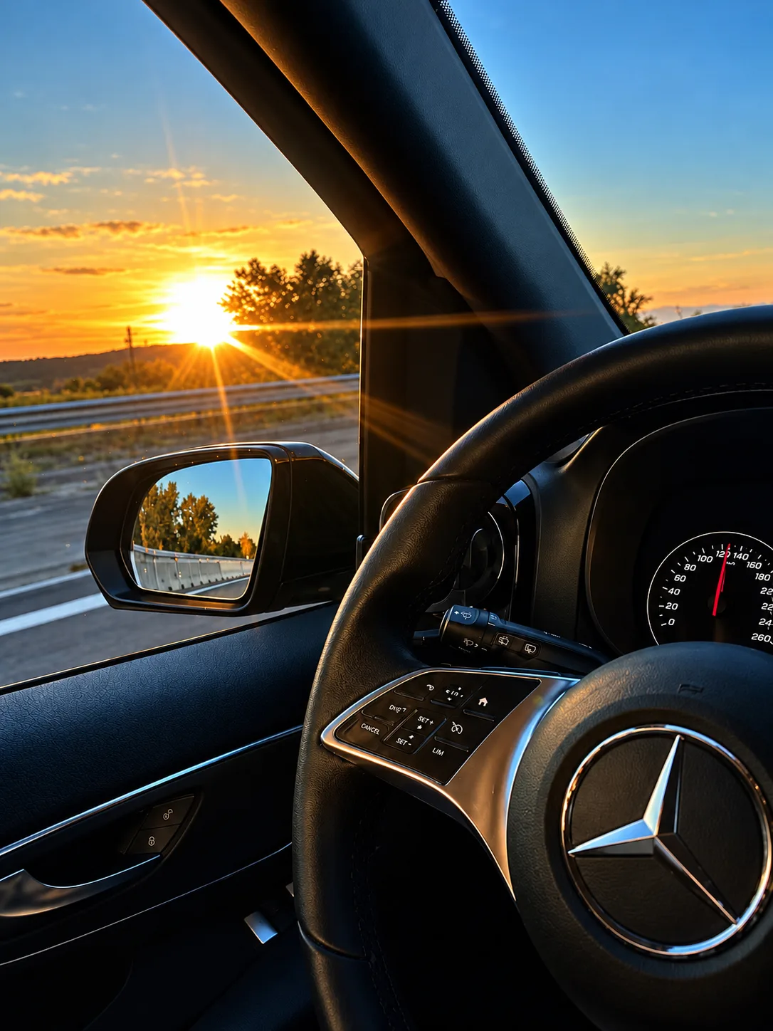 Sonnenuntergang über der Autobahn, vom Fahrerplatz eines Mercedes aus gesehen, mit dem Lenkrad im Vordergrund
