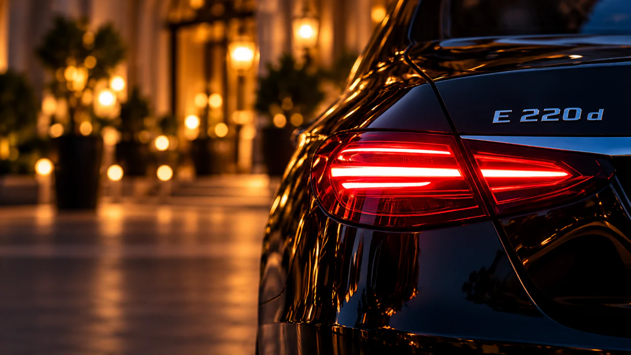 Il fanale posteriore acceso di una Mercedes Classe E nera, di sera