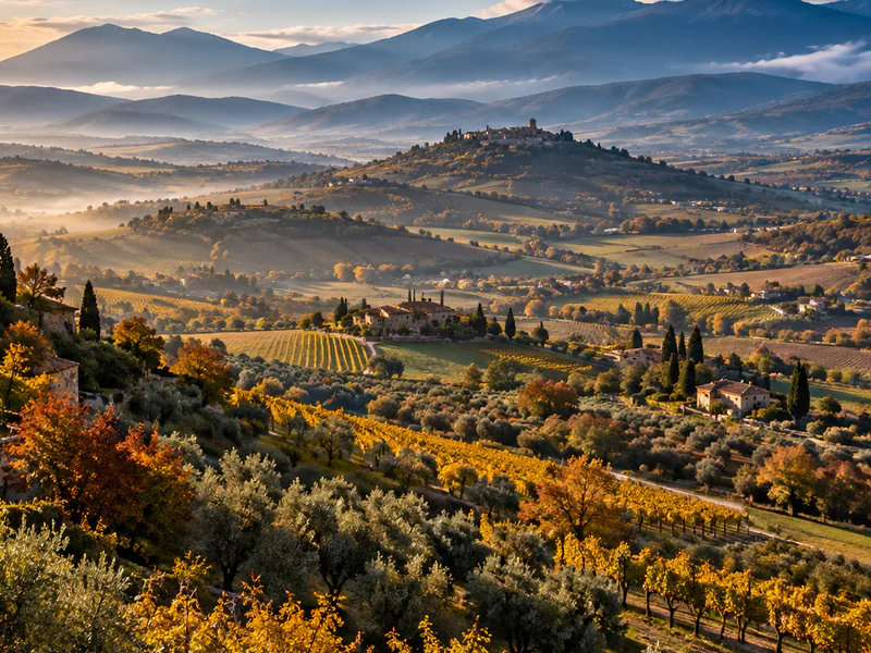Landschaft mit Olivenbäumen und Weinbergen bei Sonnenuntergang