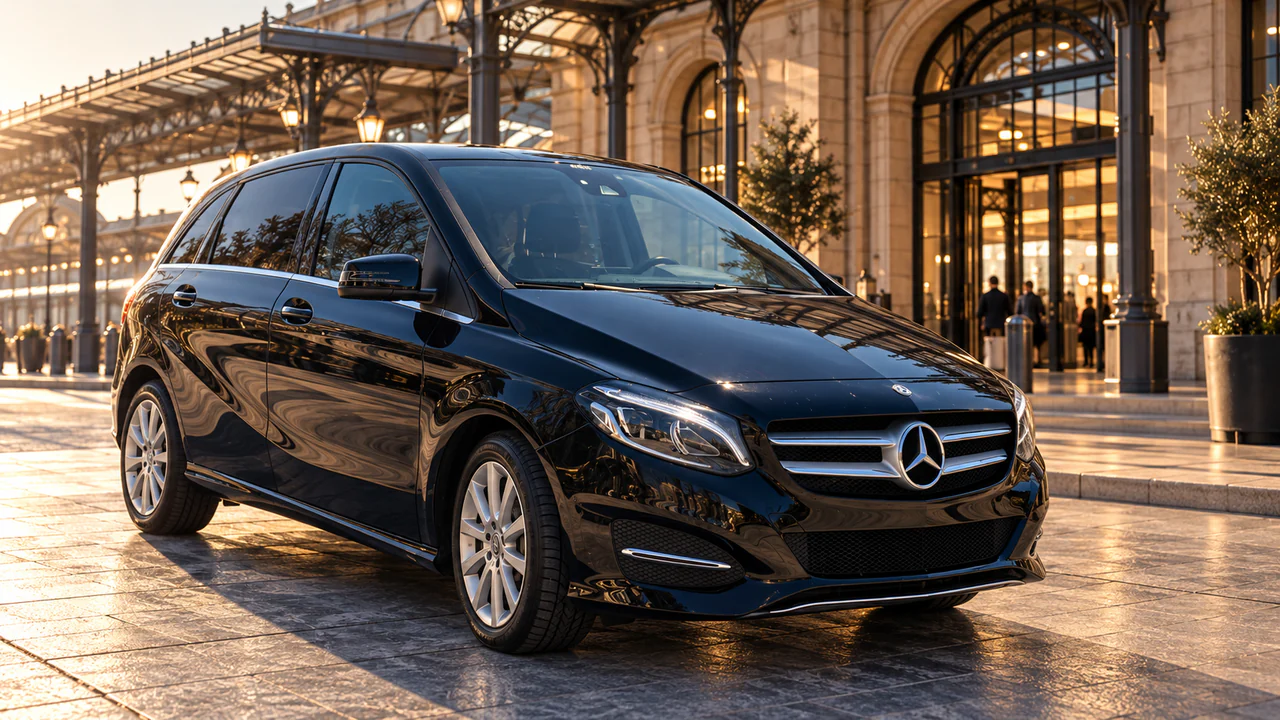 La Mercedes Classe B noire devant l’entrée d’une gare, au coucher du soleil