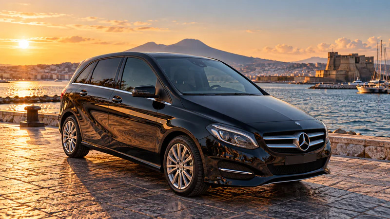 Die schwarze Mercedes B‑Klasse an der Uferpromenade von Neapel, mit dem Vesuv und dem Castel dell’Ovo