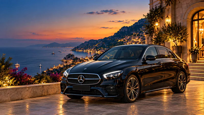 Die schwarze Mercedes E‑Klasse vor einem Hotel an der Küste, bei Sonnenuntergang