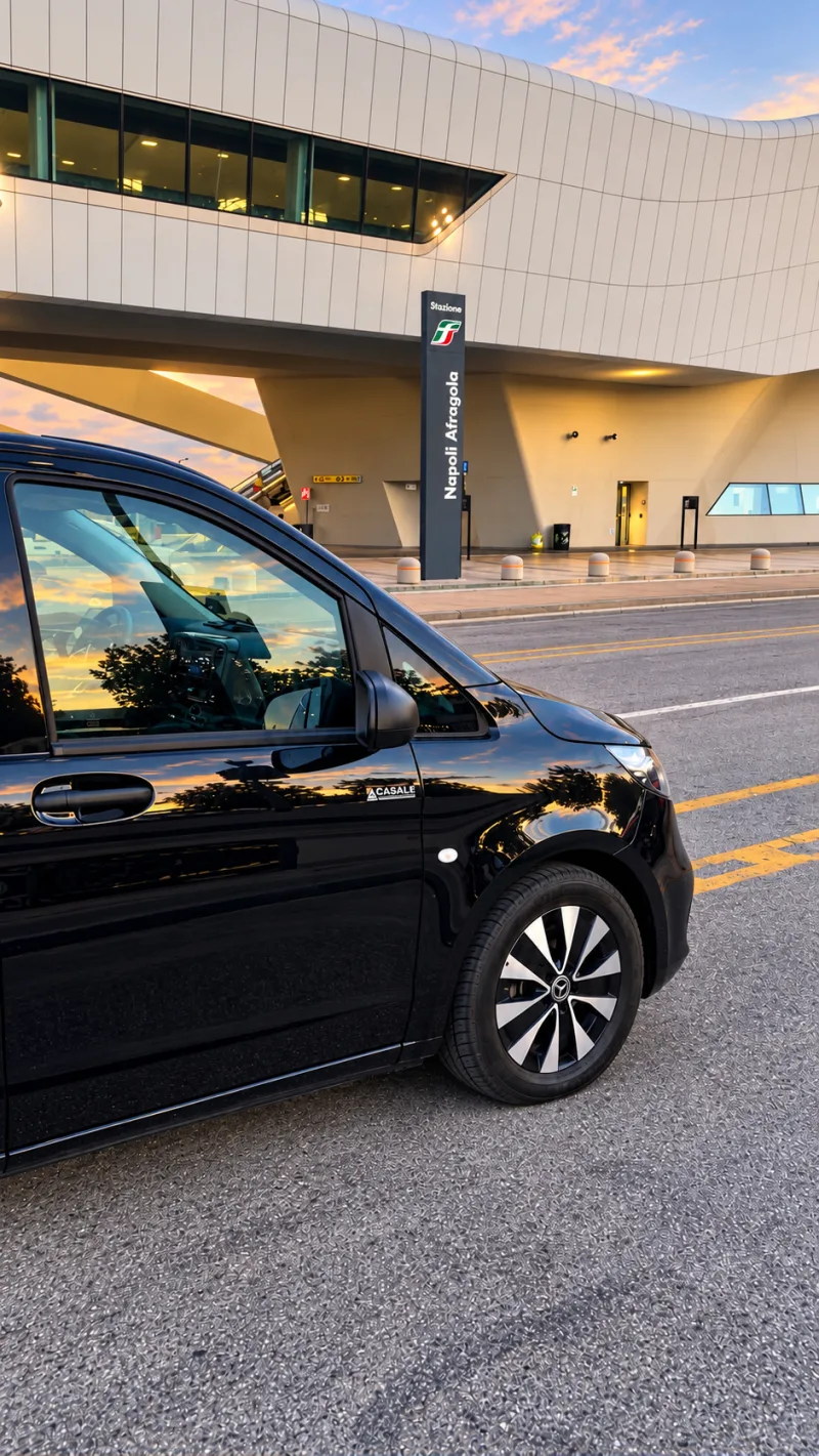 Der schwarze Mercedes Vito Extralong 2026 vor dem Bahnhof Napoli Afragola, bei Sonnenuntergang
